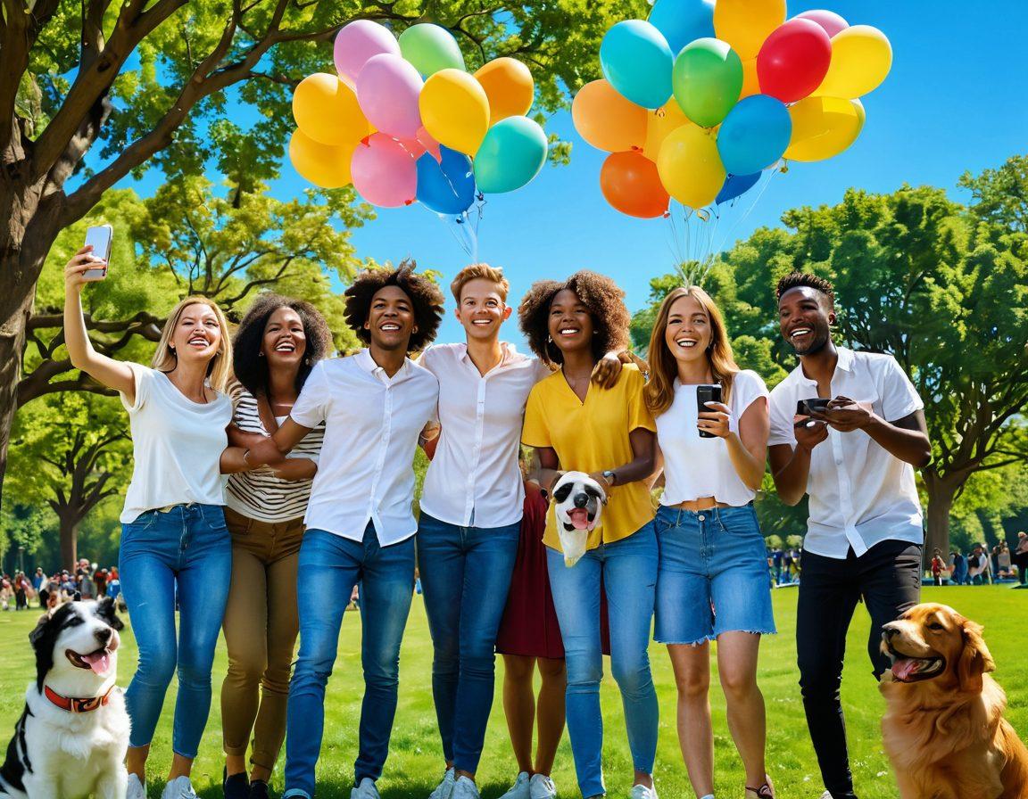A lively scene depicting diverse people joyfully engaging with live-streaming cameras in a sunlit park, capturing their smiles and laughter as they share moments with friends and family. Include colorful balloons and playful pets to evoke a sense of happiness and community. The background should feature lush greenery and a bright blue sky to enhance the positive vibe. vibrant colors. super-realistic.