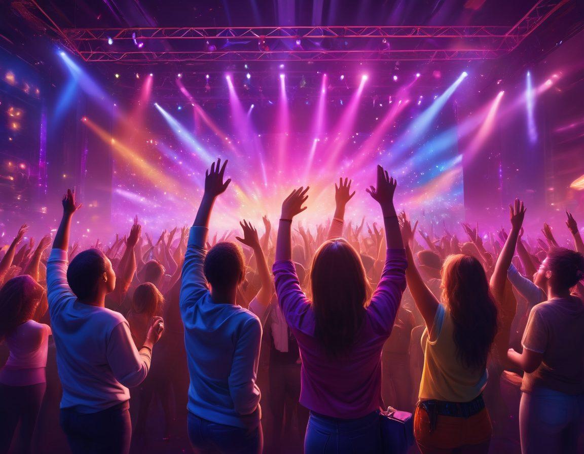 A vibrant, euphoric crowd at a live streaming event, with colorful lights illuminating the scene and people joyfully dancing, some with hands raised in celebration. Include a large screen displaying dynamic, uplifting visuals and engaging content. Surround the setting with musical instruments and upbeat energy, capturing the essence of joy and connection in the moment. super-realistic. vibrant colors. 3D.
