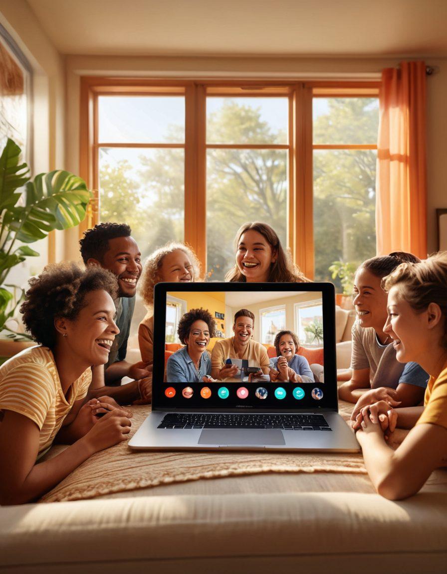 A vibrant living room scene featuring a family gathered around a livestreaming camera, laughter and joy evident on their faces. In the background, a digital display shows smiling friends and family connecting through video calls, depicting the essence of cheerful interactions. Soft sunlight filters through a window, creating a warm and inviting atmosphere. The colors are bright and lively, emphasizing happiness and connectivity. super-realistic. vibrant colors. warm lighting.